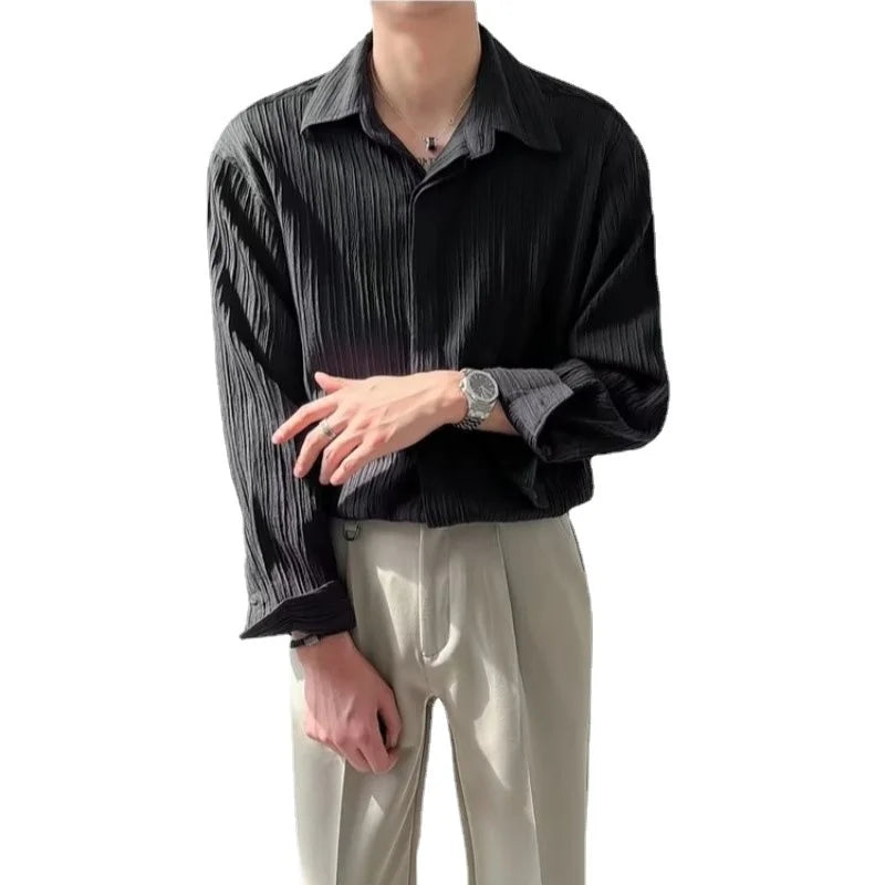Black Apricot White Long-sleeved Shirt Men Fashion Social Mens Dress Shirt Korean Loose Casual Pleated Shirts Mens Formal Shirt S567c21bd11104fd18c55eb501c42cc64j Swag N Slay LTD