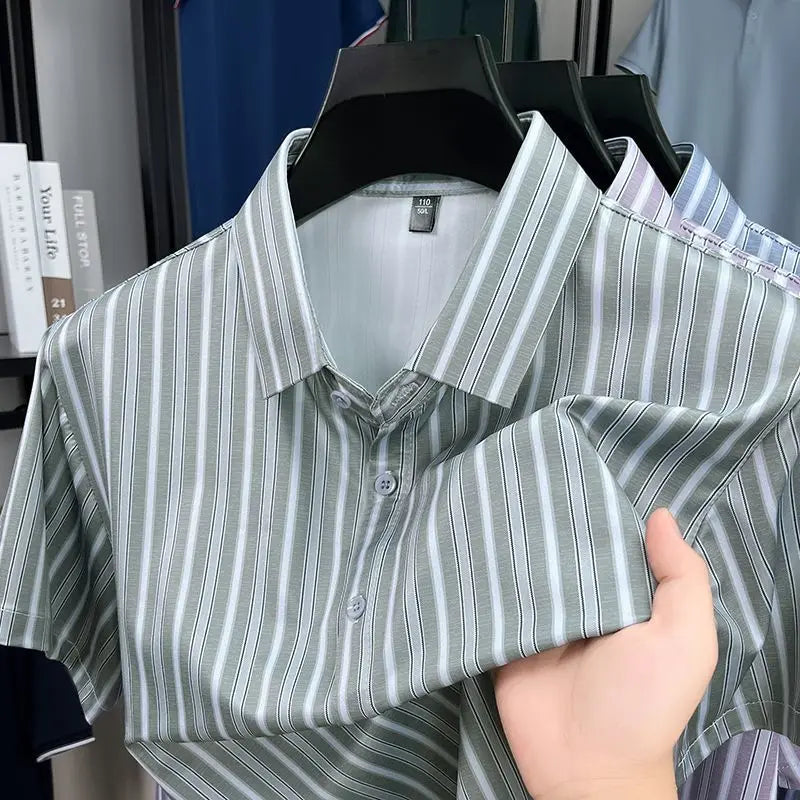 Summer Non Ironing Shirt Men's Striped Ice Silk Button Causal Business Tshirts Thin Quick Drying Flip Collar Short Sleeve Shirt S5829b112d73b4ba7a6ad5e5bdad3c6bdk Swag N Slay LTD