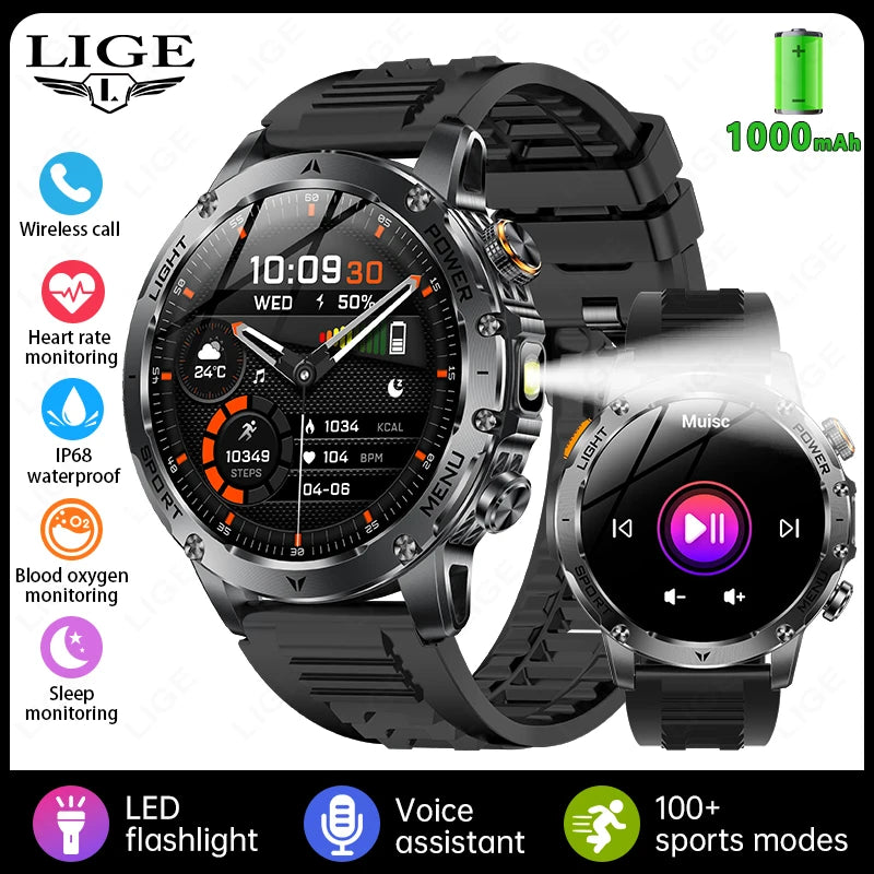 LIGE New Outdoor 1000mAh Smart Watch Men AMOLED Screen LED Flashlight Heart rate Waterproof Bluetooth Call Sports Men SmartWatch black S5a92a710dca142eeae5f265be9ade983s Swag N Slay LTD