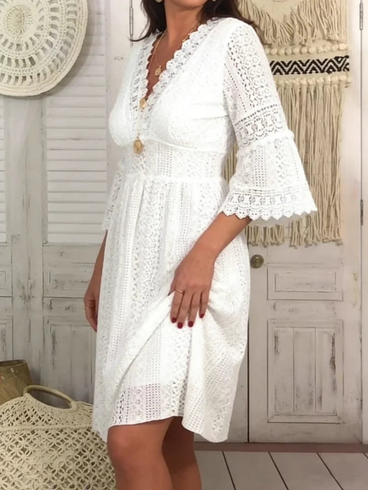 High Waist White Women Dresses Elegant Flare Sleeve Vestidos Summer Casual V-neck Hollow Out Lace Dress S5ae6c1f275d74acab5d4d65d039e1149E Swag N Slay LTD