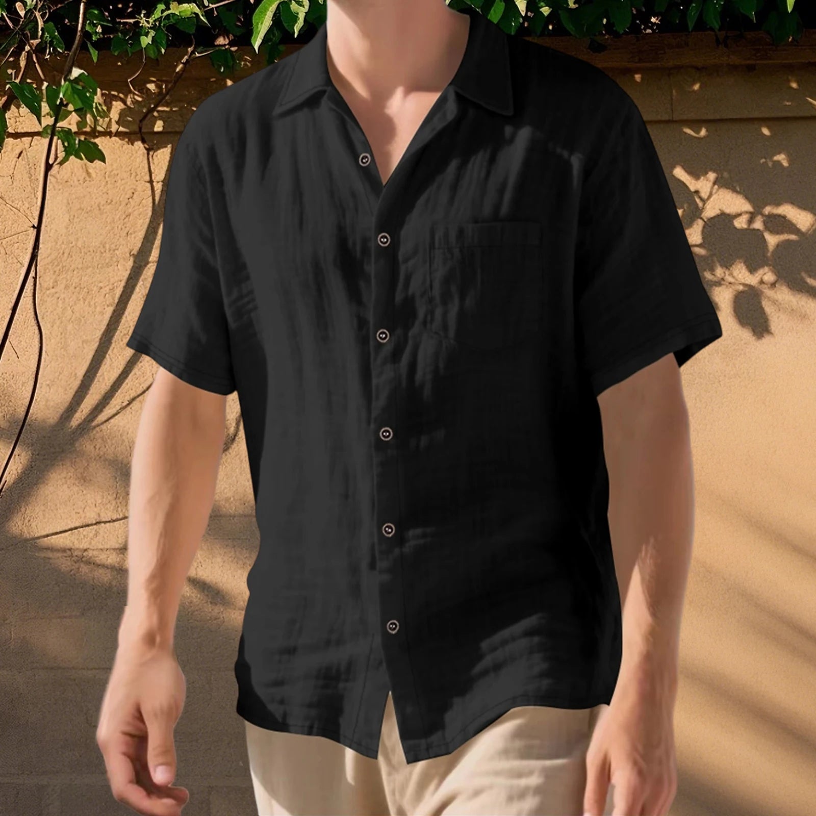 Men s Lightweight Linen Short Sleeve Button-Down Shirt Casual Solid Color Breathable Summer Tops Loose Fit Lapel Collar black L United States S5b1e907fe04547f9933c16f3d46c0a63O Swag N Slay LTD