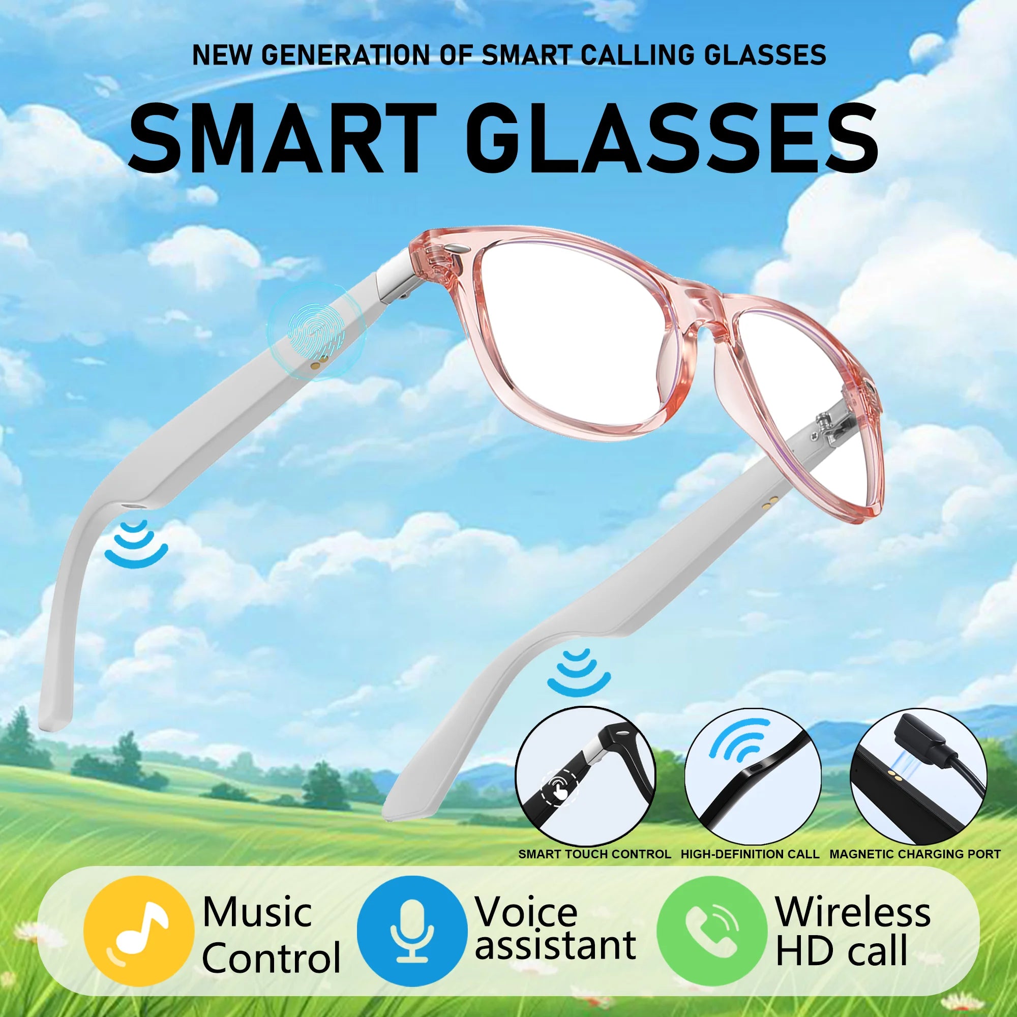 2025 new AI Bluetooth audio Smart Glasses Smart Touch Voice Assistant 100+ language translation music playback Men and women Pink S5b27e335161b46baac6a60e65c2c470d5 Swag N Slay LTD