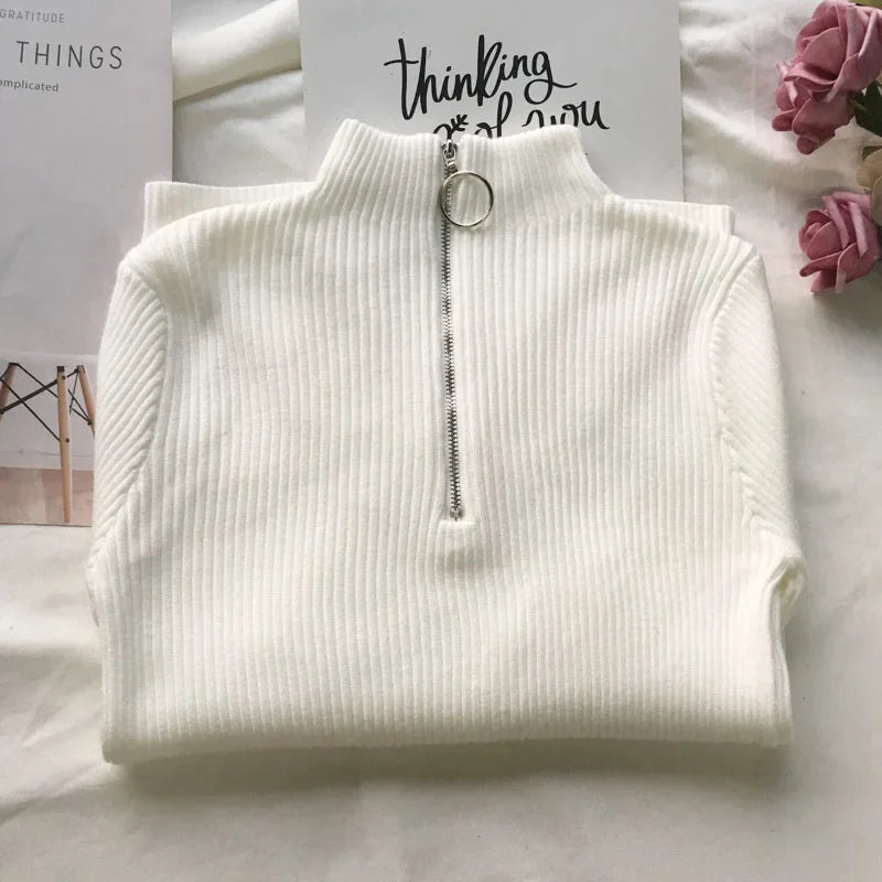 Women Sweater Autumn Winter Turtleneck Long Sleeve Zipper Neckline Knitted Pullover Female Sweater Slim Basic Knitted Jumpers One Size WHITE S5d3dd40e4766441fafa3bdda134f57aem Swag N Slay LTD