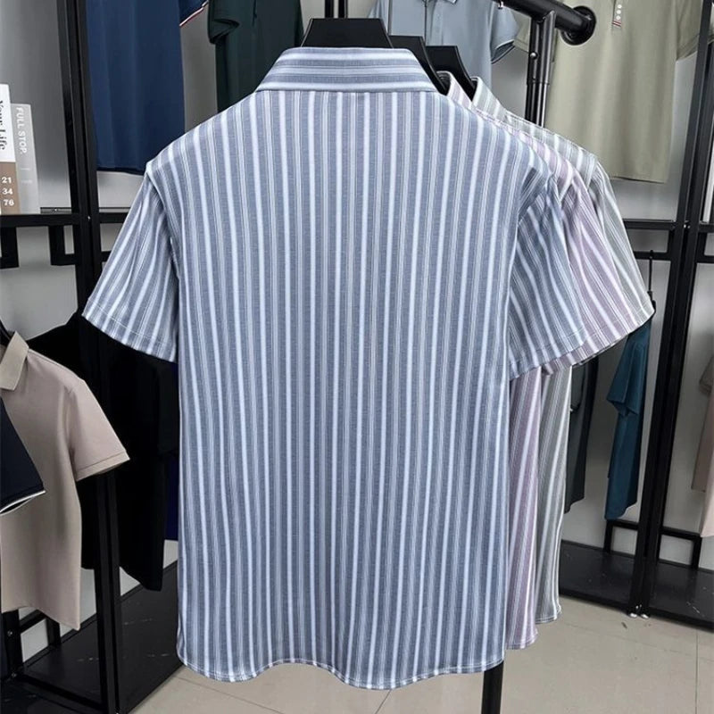 Summer Non Ironing Shirt Men's Striped Ice Silk Button Causal Business Tshirts Thin Quick Drying Flip Collar Short Sleeve Shirt S5da0f8ef1ef0432483333c07d976a4851 Swag N Slay LTD