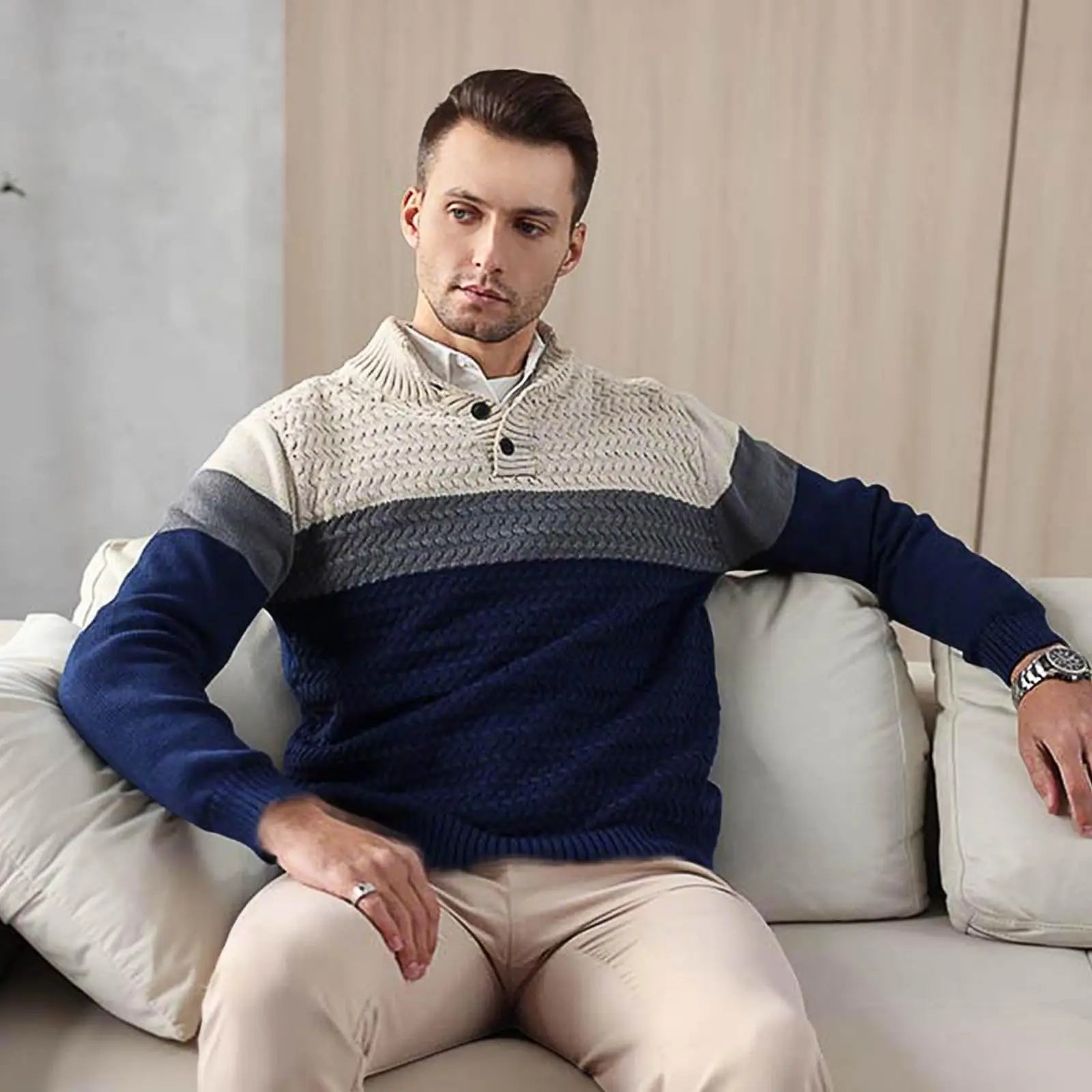 Men's Tri-Button Pullover Sweater Mock Neck Lightweight Casual Fashion Knitted Henley Sweater S65a0f3312f11424a88acd7843d71505cY Swag N Slay LTD