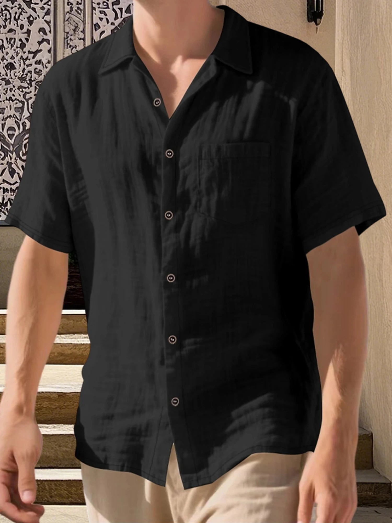 Men s Lightweight Linen Short Sleeve Button-Down Shirt Casual Solid Color Breathable Summer Tops Loose Fit Lapel Collar S66163307e53947d69c7eab432d96a7feG Swag N Slay LTD