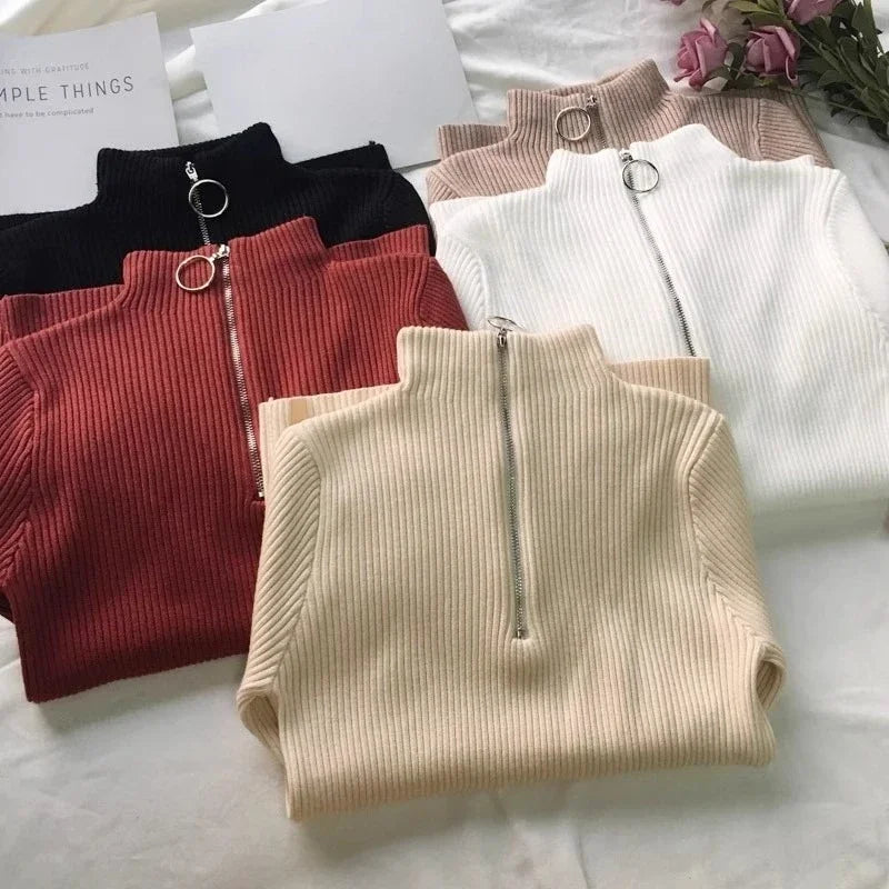 Women Sweater Autumn Winter Turtleneck Long Sleeve Zipper Neckline Knitted Pullover Female Sweater Slim Basic Knitted Jumpers S68ebeba421fa4491b9412a860f24a848m Swag N Slay LTD
