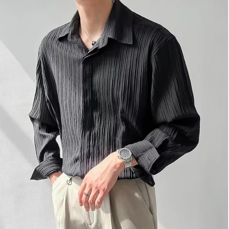 Black Apricot White Long-sleeved Shirt Men Fashion Social Mens Dress Shirt Korean Loose Casual Pleated Shirts Mens Formal Shirt black S6a91e3664d9a4717ba7a6ed9457da9dfw Swag N Slay LTD