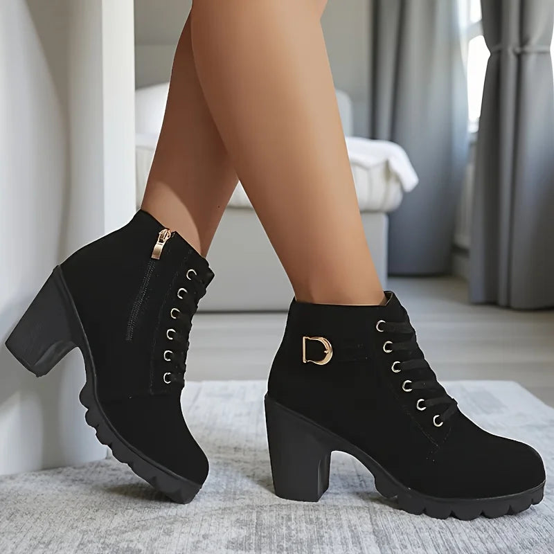 Women's Winter Warm Ankle Boots: Thick Sole & High Heel - Black PU Leather, Side Zipper with Lace-Up Detail, Plain Toe | Chic Ev black United States S6ca3cb2f0a8b4d908a48163ed0b339c5R Swag N Slay LTD
