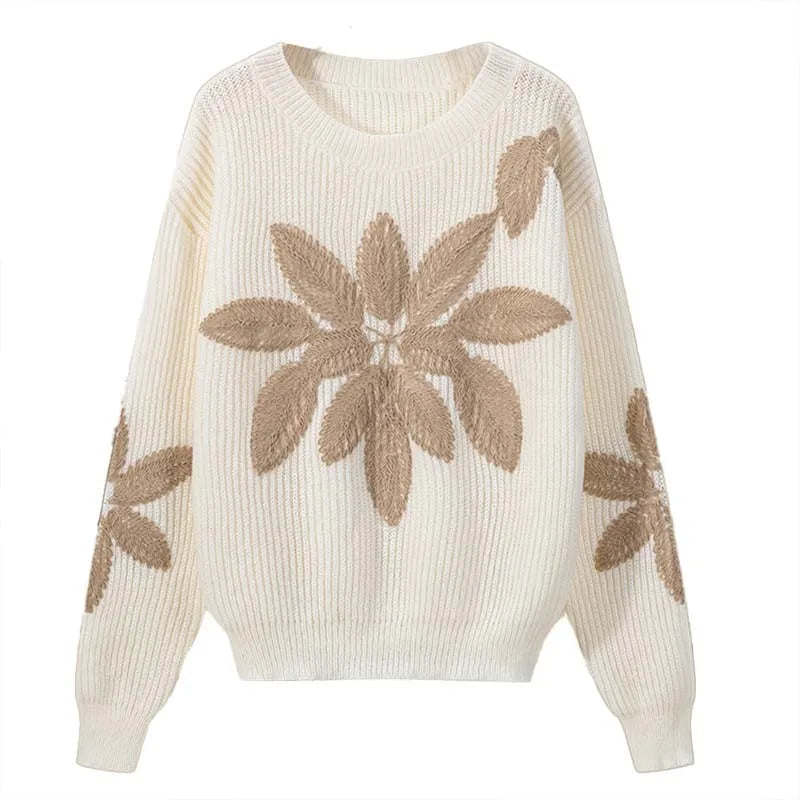 Women's autumn and winter round-neck knitted top with contrasting colour floral embroidery S70b634a2592c4a6ba13f700767688a3fT Swag N Slay LTD