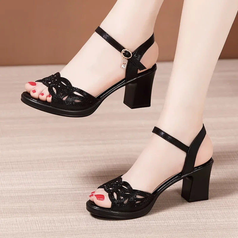 Small Size 32-43 Elegant Rhinestone Black Office Work Mom Shoes Women's Platform Sandals 2026 Summer Med Block Heels Sandals black S72670b5d24d845fcb3e796d60840c510D Swag N Slay LTD