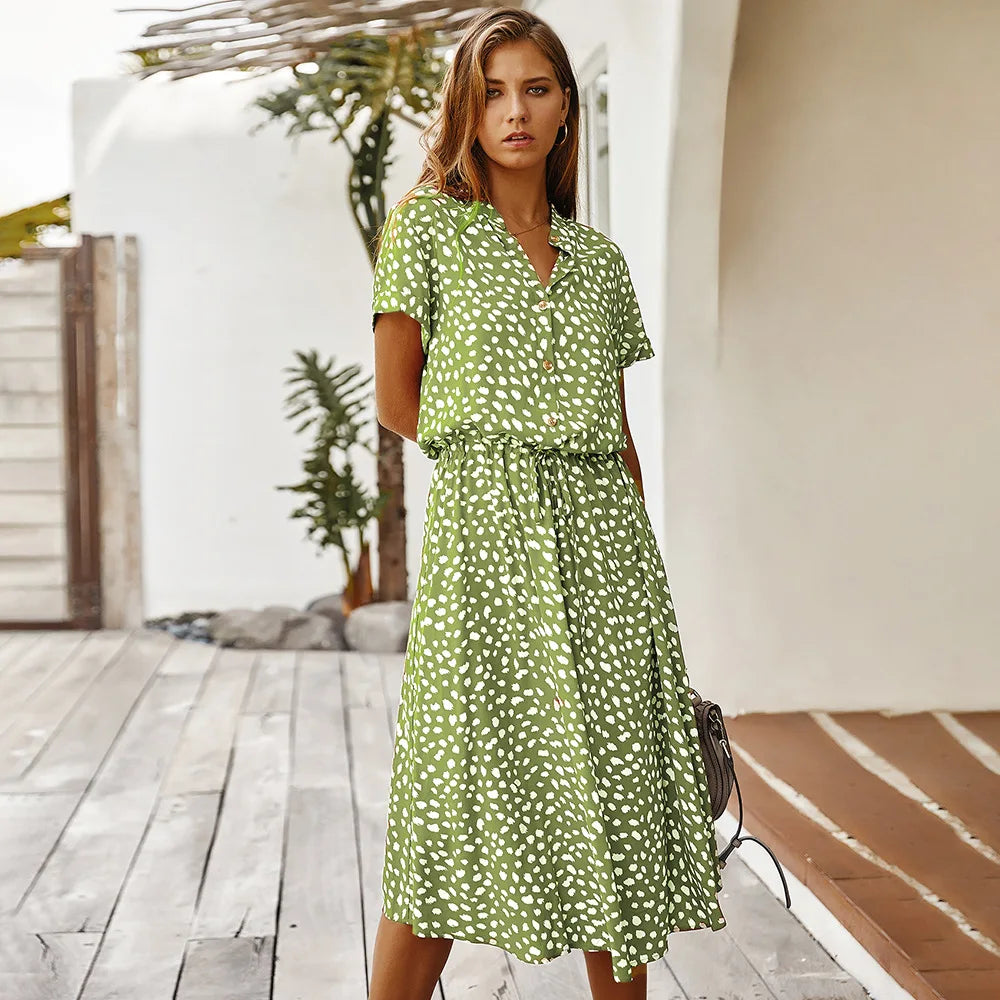 Vintage Floral Print Dress Women Boho Short Sleeve Long Dress Turn Down Collar Casual Waistband Shirt Dresses Robe 2021 Summer army green S7497896aeb3b469dab2f7b36090f040cW Swag N Slay LTD