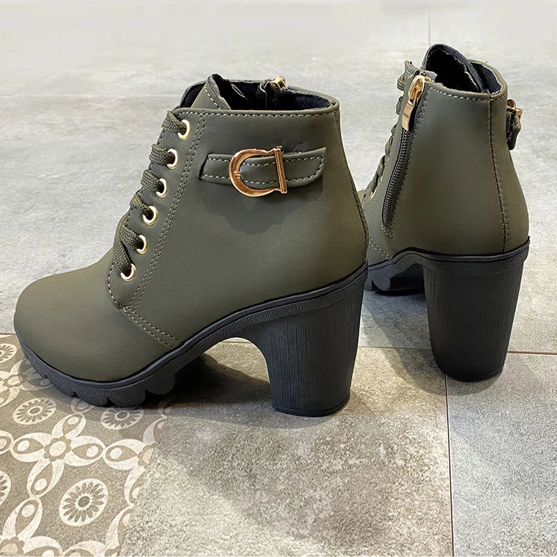 Women's Winter Warm Ankle Boots: Thick Sole & High Heel - Black PU Leather, Side Zipper with Lace-Up Detail, Plain Toe | Chic Ev S74fe1b463bb4450f8b0d23c4000ee85fe Swag N Slay LTD