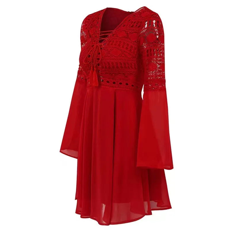 Women's A Line Dress Short Mini Dress White Black Red Long Sleeve Solid Color Ruffle Patchwork Chiffon Spring Summer Slim V Neck Red S76106746ecb54ec5868bf3eb6d4c171ax Swag N Slay LTD