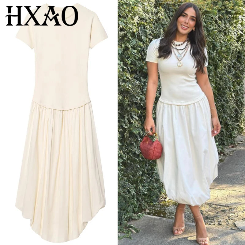 HXAO Womens Dresses Off White Balloon Dress Summer 2025 Ruffled Short Sleeve Long Dresses Knit Patchwork Elegant Gowns Vestidos S76af6f4ec9cf41b99d12e04f70ec2c533 Swag N Slay LTD