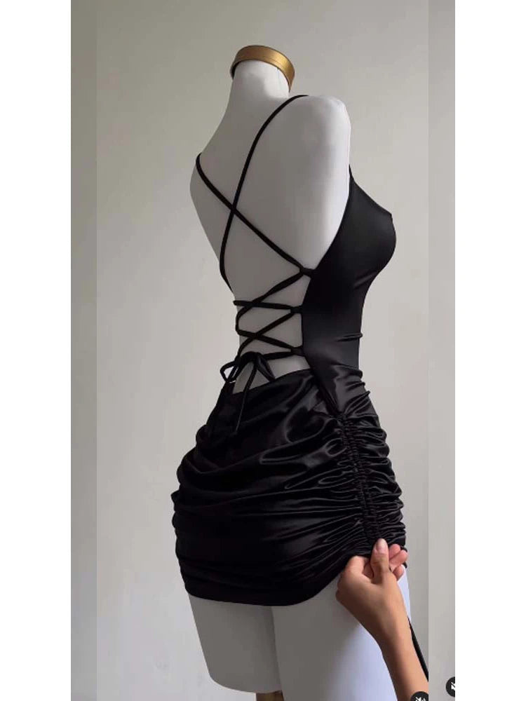 Sexy Sleeveless Backless Bodycon Mini Dress Women Summer Satin Lace Up Party Club Dresses Streetwear Evening Black Y2K 2025 Robe S786e7f265fa94f169667c41db76b221bG Swag N Slay LTD