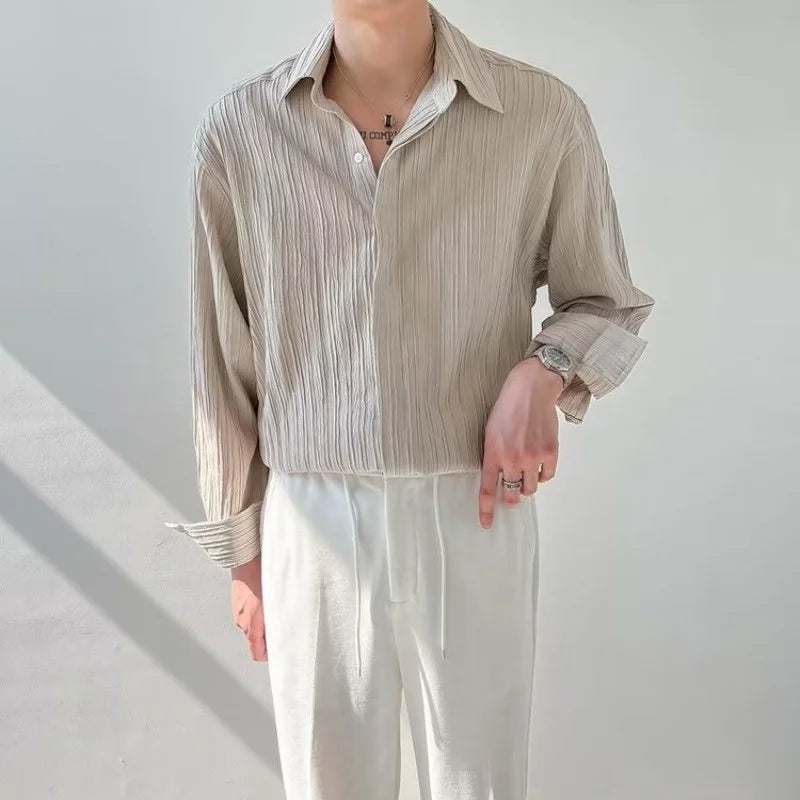 Black Apricot White Long-sleeved Shirt Men Fashion Social Mens Dress Shirt Korean Loose Casual Pleated Shirts Mens Formal Shirt apricot S7c07c98179e54d3089563916b6119ce06 Swag N Slay LTD