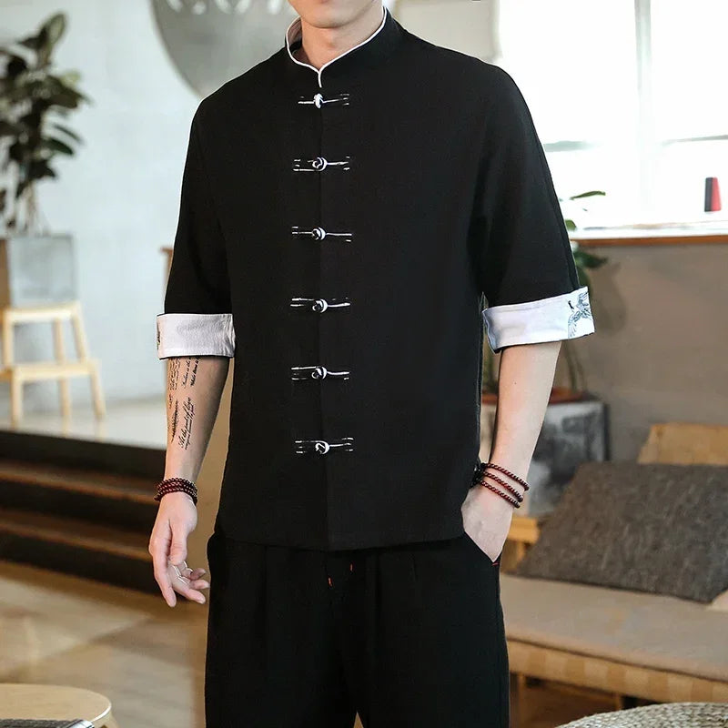 New Crane Embroidery Top Traditional Chinese Clothing for Men Vintage Half Sleeve Linen Shirts Solid Madarin Collar Hanfu Kungfu S7df1e44b8e47456ba871ca237e2b7419W Swag N Slay LTD