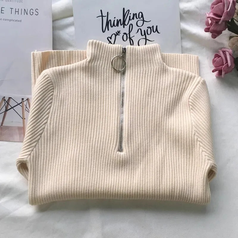 Women Sweater Autumn Winter Turtleneck Long Sleeve Zipper Neckline Knitted Pullover Female Sweater Slim Basic Knitted Jumpers One Size APRICOT S7e538f4b604a4d9690366f705dfcde067 Swag N Slay LTD