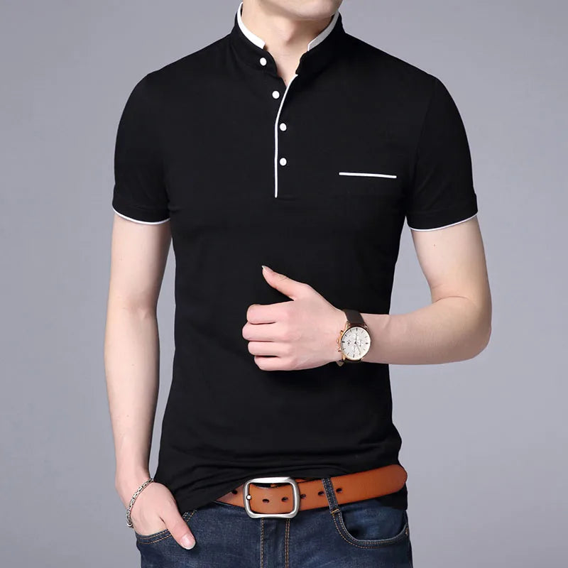 2025 New Fashion Brand Polo Shirt Men's Summer Mandarin Collar Slim Fit Solid Color Button Breathable Polos Casual Men Clothing black S80f7f9e72bb04b27af528e643aeec1a0Y Swag N Slay LTD