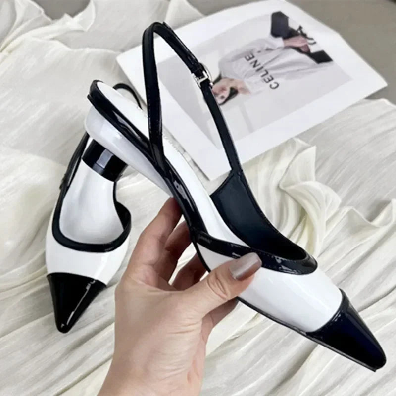 Designer Black White Mixed Color Low Heeled Sandals Women Sexy Pointed Toe Slingbacks Chunky High Heels for Women Elegant Heels S82f722c63ef24439ab751847e3a3cc8et Swag N Slay LTD