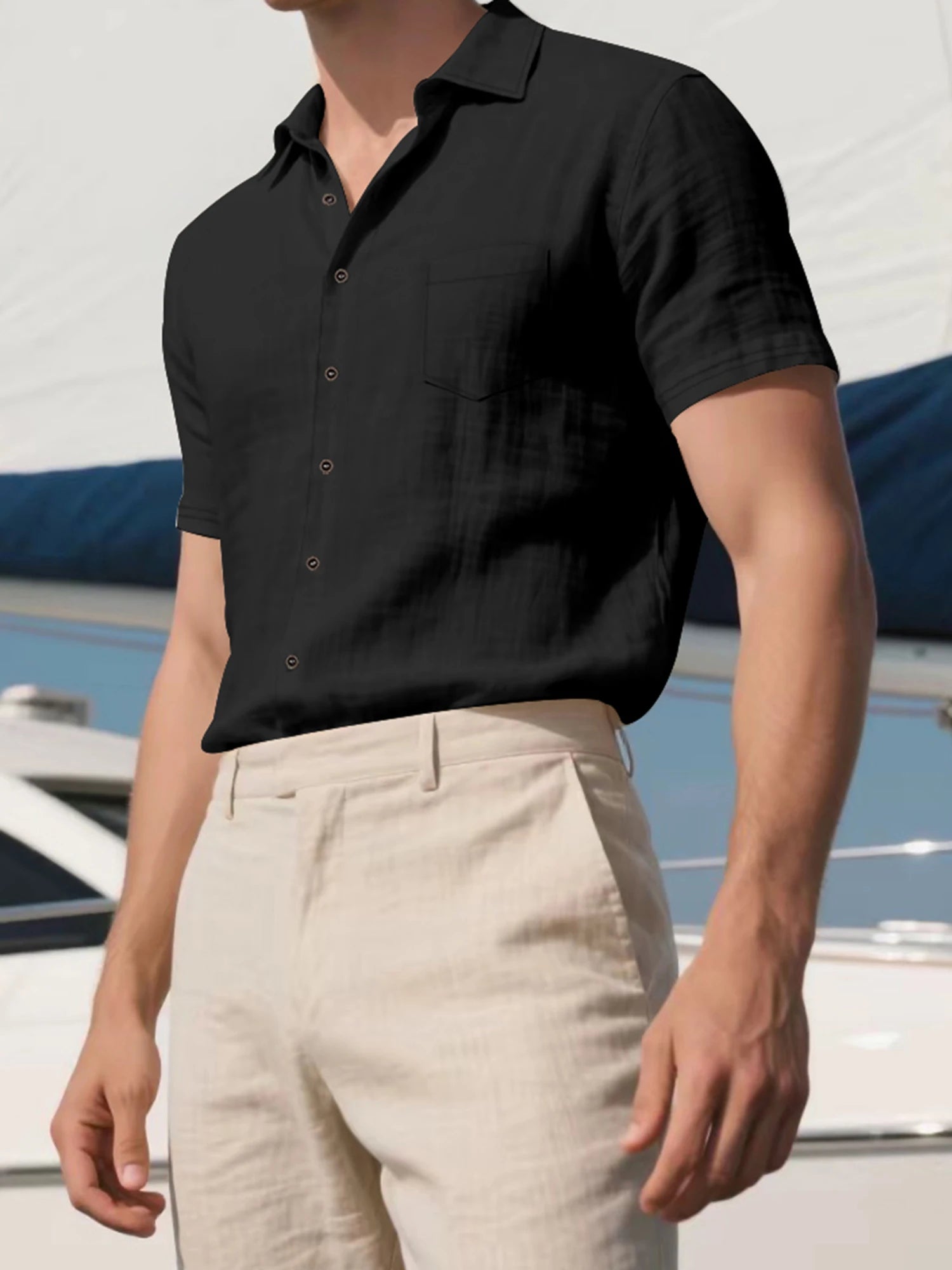 Men s Lightweight Linen Short Sleeve Button-Down Shirt Casual Solid Color Breathable Summer Tops Loose Fit Lapel Collar S83691d361ee64e8e8f2520ef32111c95g Swag N Slay LTD