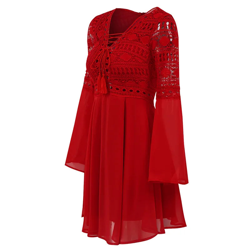 Women's A Line Dress Short Mini Dress White Black Red Long Sleeve Solid Color Ruffle Patchwork Chiffon Spring Summer Slim V Neck S849da197540b459f96ec47b8fc59e32d5 Swag N Slay LTD