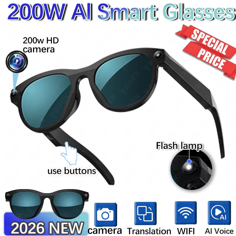 2026 Smart Glasses Photography Video AI Intelligent Interactive Translation Smart Sunglasses Bluetooth Call Music Play For IOS Black Sunglasses S851b7d5c1b07462a9e7c1cb030a6266fa Swag N Slay LTD
