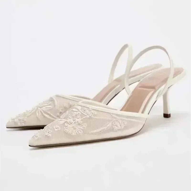 Elegant Mesh Embroidered Flowers Designer Heeled Sandals Women 2025 Summer Sexy Slingback Pointed Toe Thin High Heels Dress Shoe S8593bb8996664d37af023692bdf98604K Swag N Slay LTD