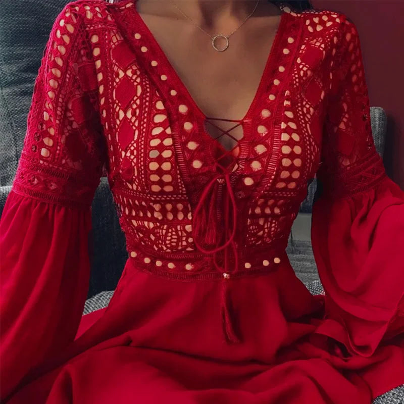 Women's A Line Dress Short Mini Dress White Black Red Long Sleeve Solid Color Ruffle Patchwork Chiffon Spring Summer Slim V Neck S866d741af8654ad1bcb00ee09040a68fH Swag N Slay LTD