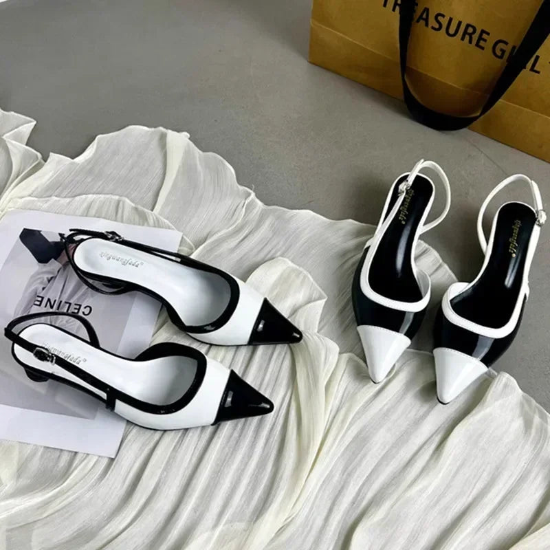 Designer Black White Mixed Color Low Heeled Sandals Women Sexy Pointed Toe Slingbacks Chunky High Heels for Women Elegant Heels S8d50d77dbac84b9db0f2d8273a5f2053F Swag N Slay LTD