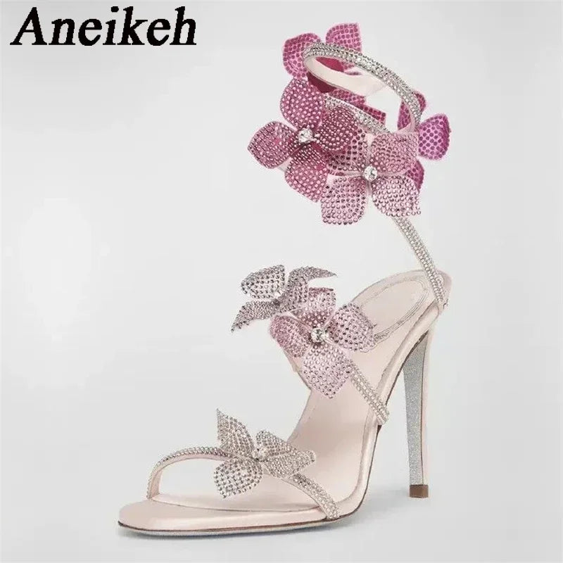 Aneikeh Sexy CRYSTAL Flower Narrow Band Ankle Strap Sandals Woman Thin High Heels Street Style Pole Dancing Ladies Shoes S904843eb33694c608f311528427985a0E Swag N Slay LTD