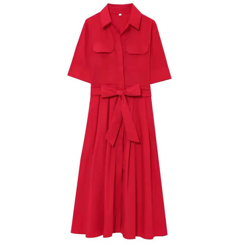 HXAO Red Women's Dress 2025 Short Sleeve Shirt Long Dresses For Woman Pleated Midi Casual Dresses Collared Holiday Dresses 088 S904cbef5e1114da7a6d54d18d59e3424c Swag N Slay LTD
