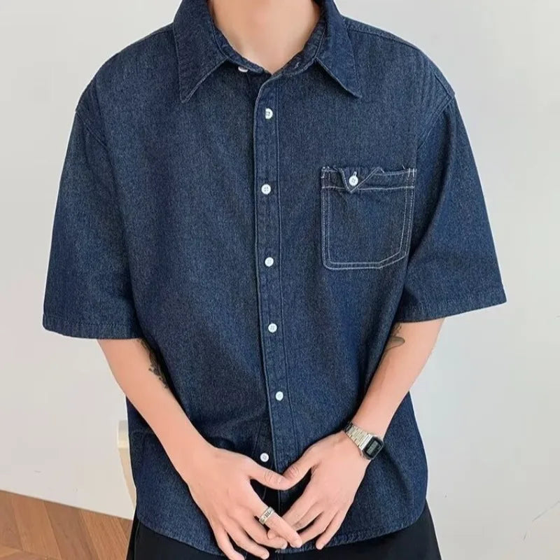 Dark Blue Denim Shirt Men and Women Japanese Vintage City Boy Oversized Loose Casual Summer Lapel Buttons Shirt Top S9079aa80e56f49a98f024188d5212145C Swag N Slay LTD