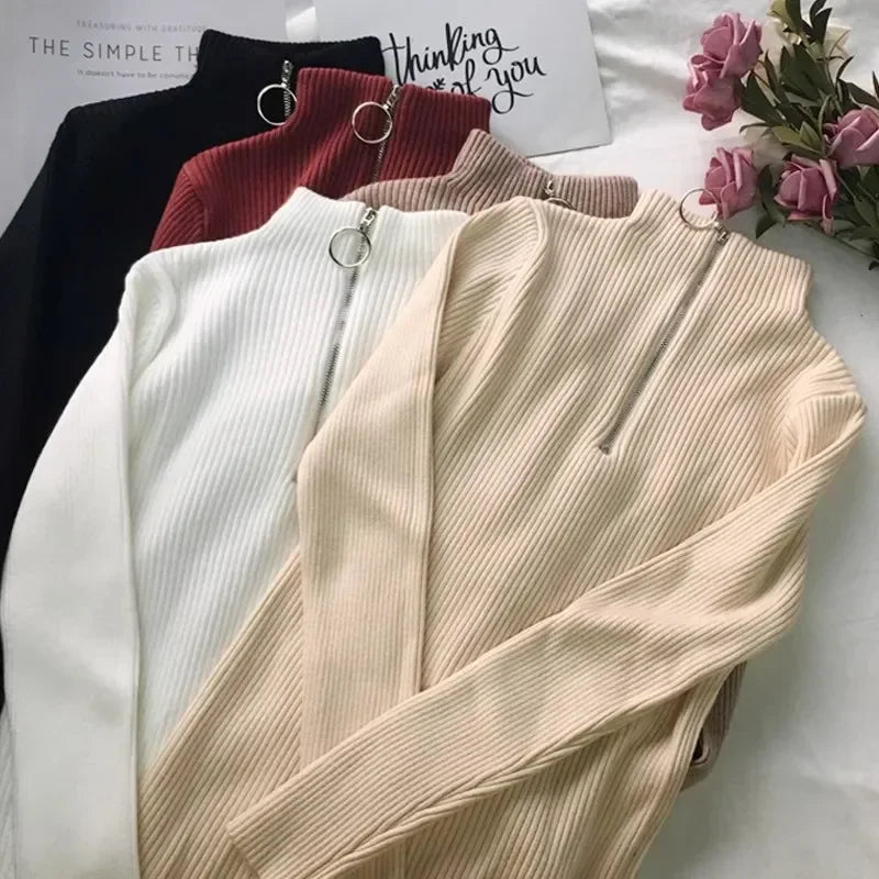 Women Sweater Autumn Winter Turtleneck Long Sleeve Zipper Neckline Knitted Pullover Female Sweater Slim Basic Knitted Jumpers S908f270e16444787bd060c631ecab491U Swag N Slay LTD