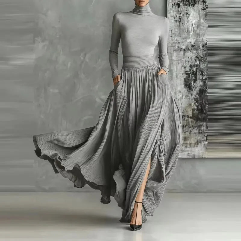 France Elegant Two Piece Skirt Set for Women's Pockets Solid Minimalist Split Hem Pleated A Line Vintage Turtleneck Slim Suits GRAY S90d07fa0ba5645cf96bba757db2e359fS Swag N Slay LTD