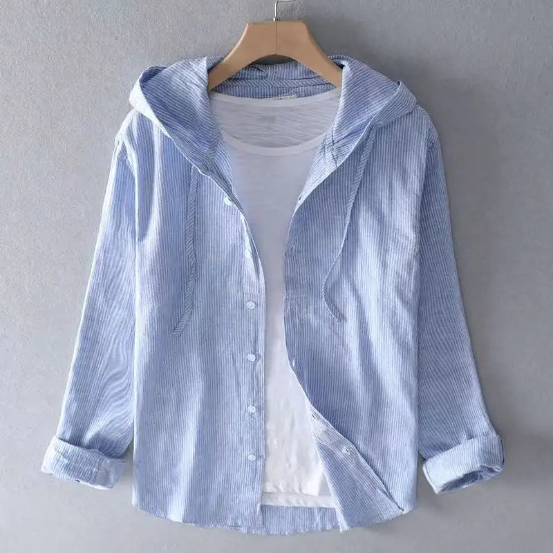 2025 Spring and Summer New Men's Hooded Linen Shirt Solid Color Thin Style Loose Fashion Casual Sports Cotton Linen Shirt Blue S936a482bd935422a8e3894189c3165b2V Swag N Slay LTD