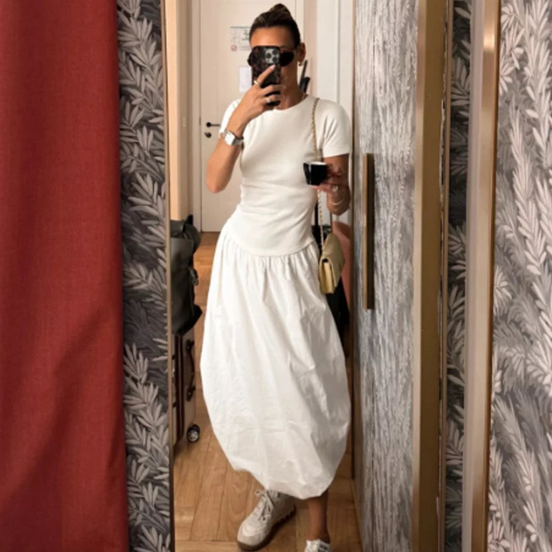HXAO Womens Dresses Off White Balloon Dress Summer 2025 Ruffled Short Sleeve Long Dresses Knit Patchwork Elegant Gowns Vestidos S98512caf1be5456d829d4036e6ea8d0cw Swag N Slay LTD