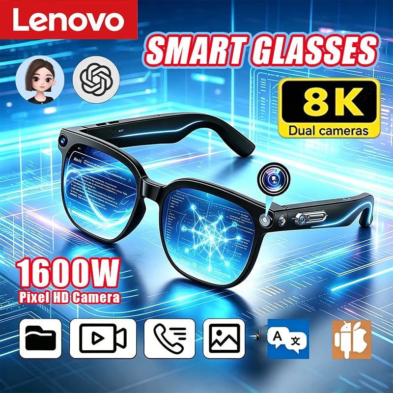 Lenovo 2026 AI Smart Glasses Touch Control Photo Camera Recording Translator Voice Assistant Music Wireless Bluetooth Sunglasses
