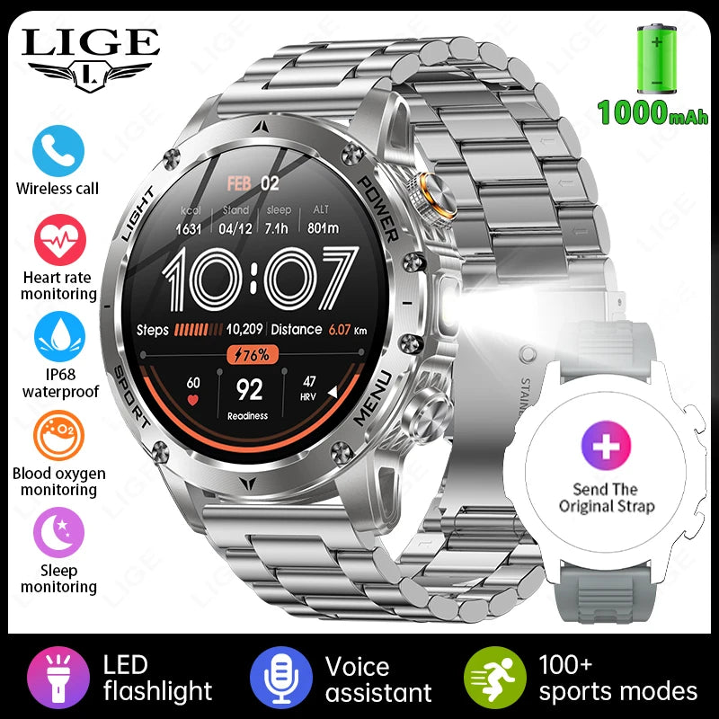 LIGE New Outdoor 1000mAh Smart Watch Men AMOLED Screen LED Flashlight Heart rate Waterproof Bluetooth Call Sports Men SmartWatch steel silver S9fe45465ad0548af8c6fc2764c13a785Z Swag N Slay LTD