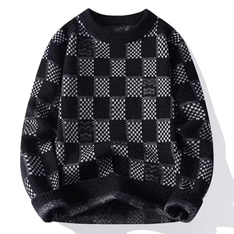 Checkered sweater for men's autumn and winter new fashion brand jacquard knitted sweater with half high collar and bottom layer VJ-9062heibai Sa3c6a71767a5450886e5c706886ca190w Swag N Slay LTD