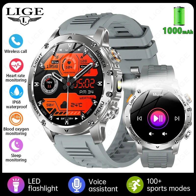 LIGE New Outdoor 1000mAh Smart Watch Men AMOLED Screen LED Flashlight Heart rate Waterproof Bluetooth Call Sports Men SmartWatch silver gray Sa3deef45f49647a69410e3cb52b6a894X Swag N Slay LTD