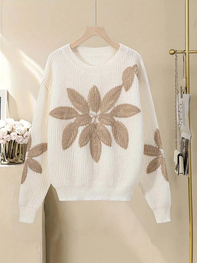 Women's autumn and winter round-neck knitted top with contrasting colour floral embroidery WHITE Sa42ad5c1b42642d6a6cdc09b4fbb7e6ag Swag N Slay LTD