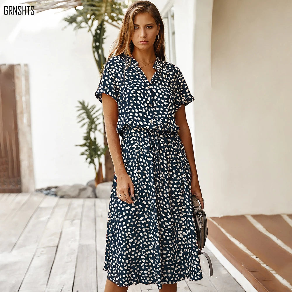 Vintage Floral Print Dress Women Boho Short Sleeve Long Dress Turn Down Collar Casual Waistband Shirt Dresses Robe 2021 Summer Navy Blue Sa5f3cb5c7dce41539b2eff13f4bb56e3u Swag N Slay LTD