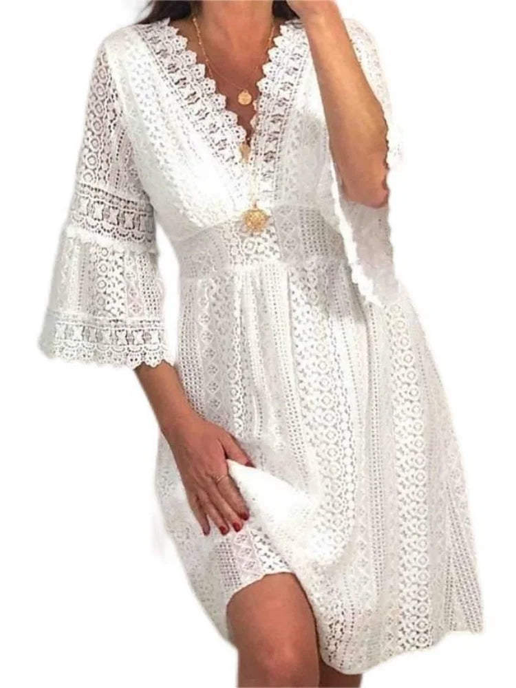 High Waist White Women Dresses Elegant Flare Sleeve Vestidos Summer Casual V-neck Hollow Out Lace Dress Sa886d2090d114a35bb3218c681b42352R Swag N Slay LTD