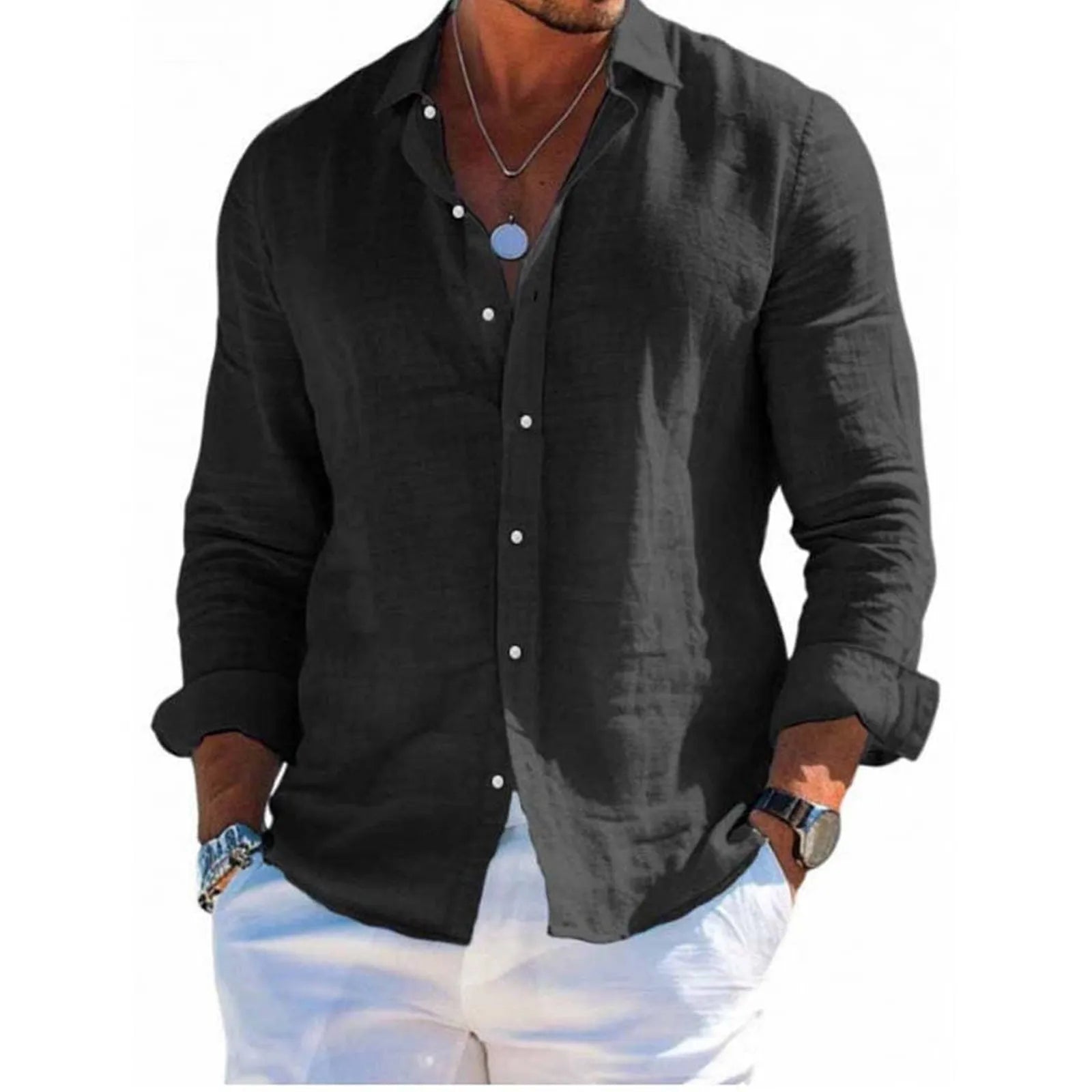 Men's tops long sleeve new style shirt cotton linen cool solid color loose lapel casual beach style cardigan spring and summer B Saabe4a5df73d4f248becadb814db081f7 Swag N Slay LTD