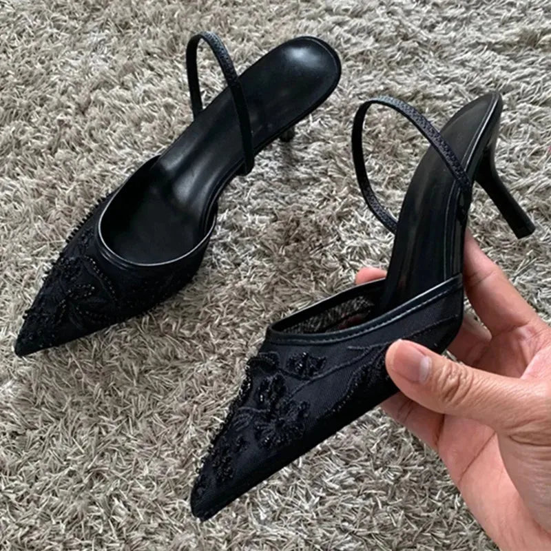 Sexy Pointed Toe Mesh Embroider High Heels for ladies Elegant String Bead pumps Summer Luxury Designer Shoe Brown Heeled Sandals black Saf54550ebb764642a3fe28cef2ea007f7 Swag N Slay LTD