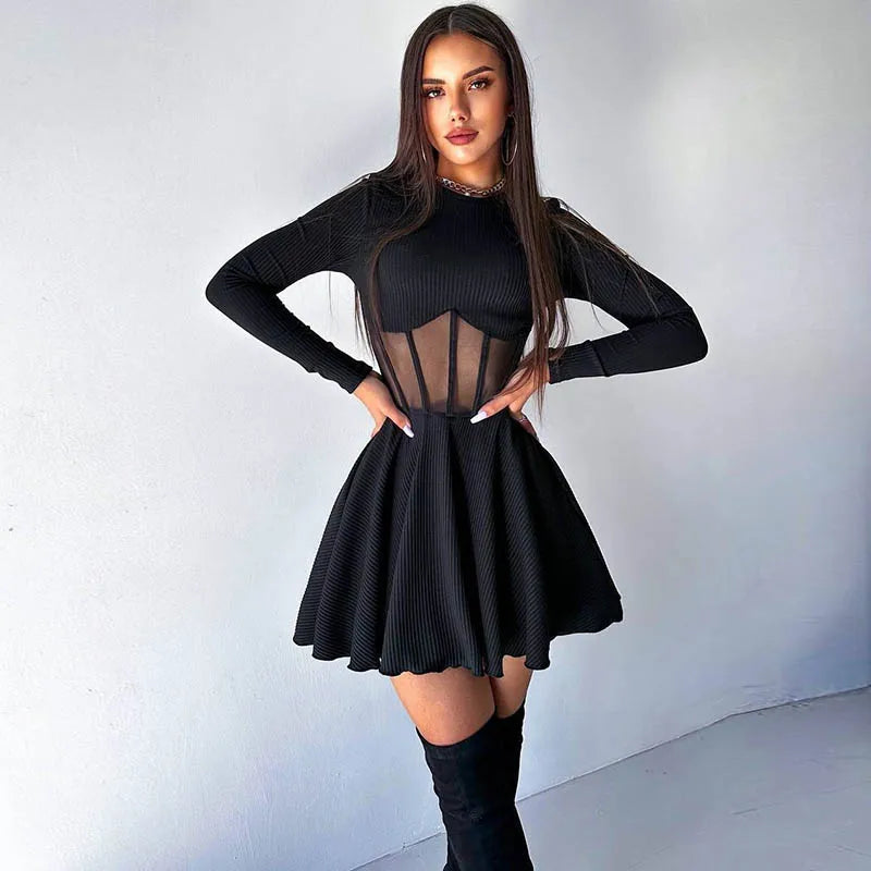 CNYISHE Women Dresses Mesh Patchwork Sheer Long Sleeve Sexy Club Fashion O Neck A-line Sheath Bodycon Female Vestidos Robes Black Saf7a7494f36c4472bb81a9cc05f1adc06 Swag N Slay LTD