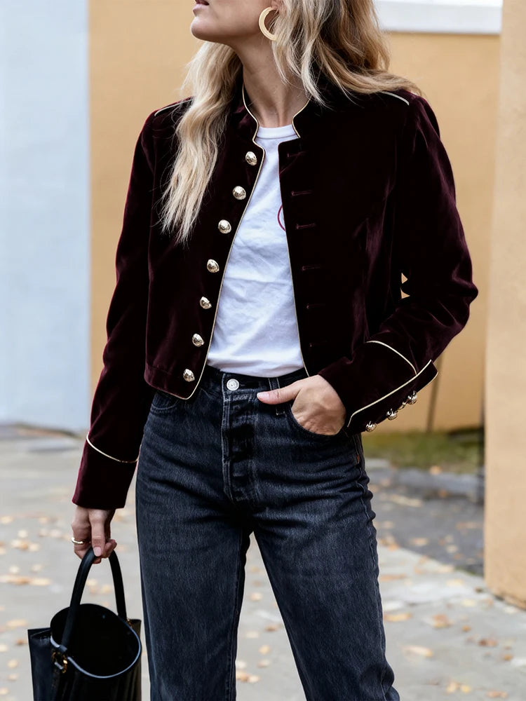 Modigirl Women's Velvet Wine Red Jackets 2025 Autumn Winter Coat Long Sleeves Stand Collar Buttoned Casual Outerwear for Woman Sb189cf448da64f77b78c45f7e6c528ebp Swag N Slay LTD