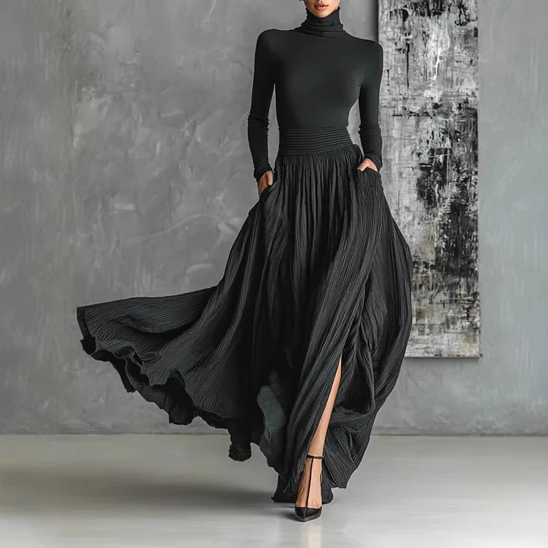 France Elegant Two Piece Skirt Set for Women's Pockets Solid Minimalist Split Hem Pleated A Line Vintage Turtleneck Slim Suits black Sb193ea00285740b8bf601208948647cfH Swag N Slay LTD